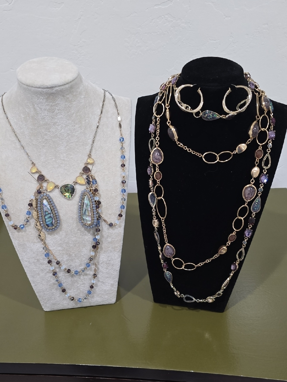 Elegant Multi-Color Stone and Gold-Tone Layered Necklace Set